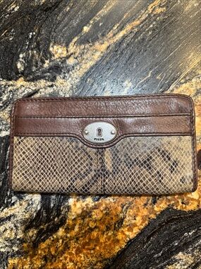 Fossil Brown Leather Wallet with Snake-Print Panel
